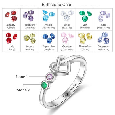 Personalized Engraved Heart Knot Birthstone Rings