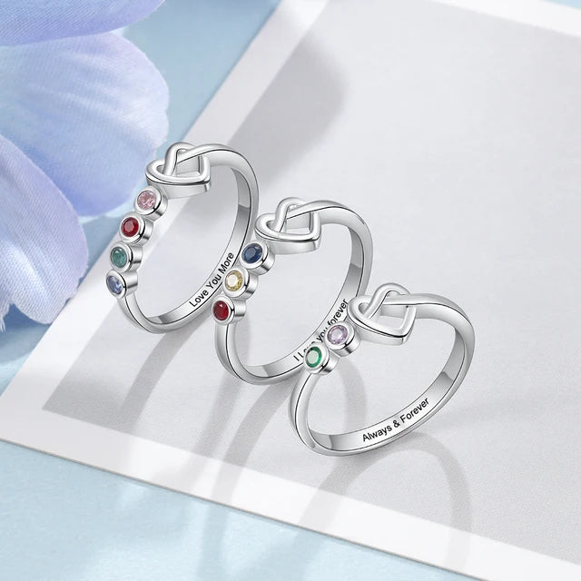 Personalized Engraved Heart Knot Birthstone Rings